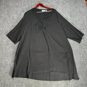Denim & Co  Top Womens 3X Black Cotton 3/4 Sleeve V Neck Split Side Hem Pullover